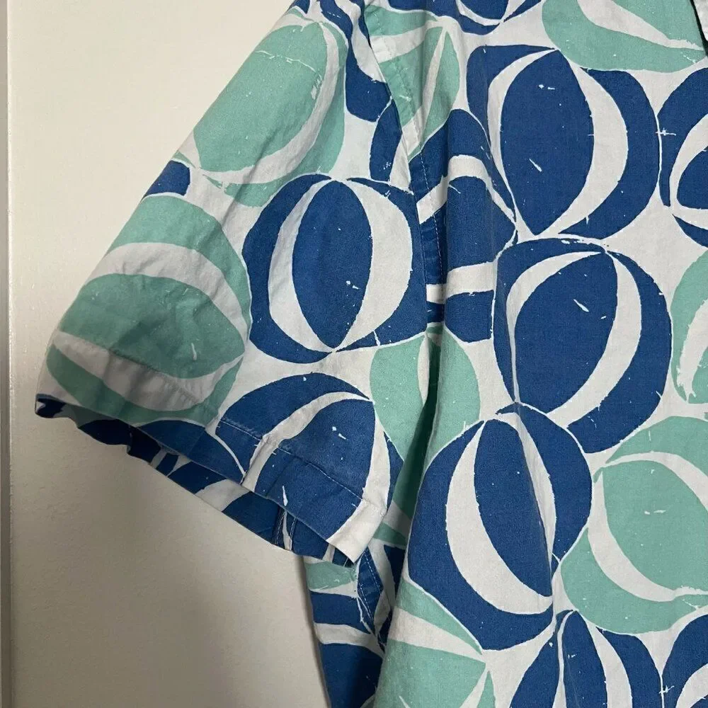 J. Crew Mens Shirt Large Blue Green Beachball Hawaiian Coastal Aloha Casual